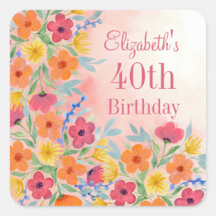 Roze Waterverf Bloemen Gepersonaliseerde Verjaarda Vierkante Sticker