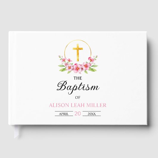 Roze waterverf bloemen, gouden kruis meisje doop gastenboek (Voorkant)
