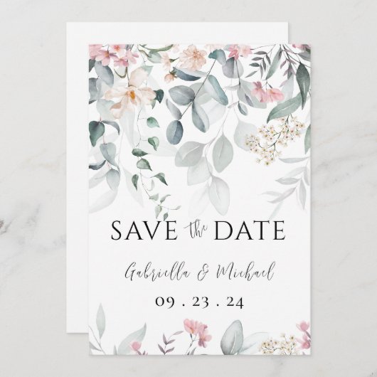 Roze Waterverf Bloemen Groen Bruiloft Save The Date (Voorkant / Achterkant)