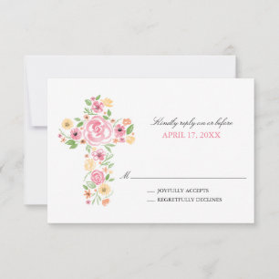 Roze Waterverf Bloemen Kruis Eerste Heilige Commun RSVP Kaartje