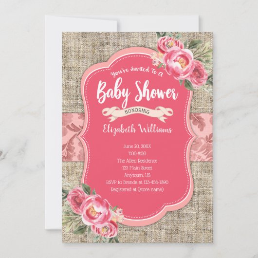Roze Waterverf Bloemen Meisje Baby Shower Jute Zak Kaart (Voorkant)