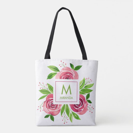 Roze waterverf bloemen monogram personaliseren draagtas (Achterkant)