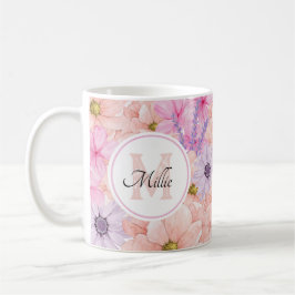  roze waterverf bloemen monogram voor haar koffiemok