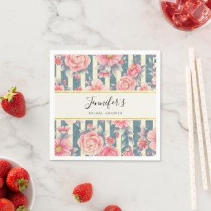 Roze waterverf bloemen op strepen bruidsdouche servet