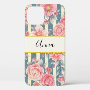 Roze Waterverf bloemen op strepen iPhone 12 Hoesje