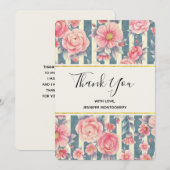 Roze Waterverf bloemen op strepen Dank u Bedankkaart (Voorkant / Achterkant)