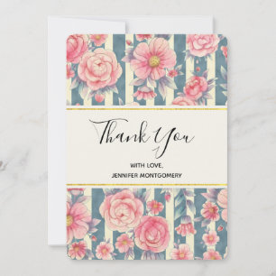 Roze Waterverf bloemen op strepen Dank u Bedankkaart