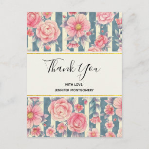 Roze Waterverf bloemen op strepen Dank u Briefkaart