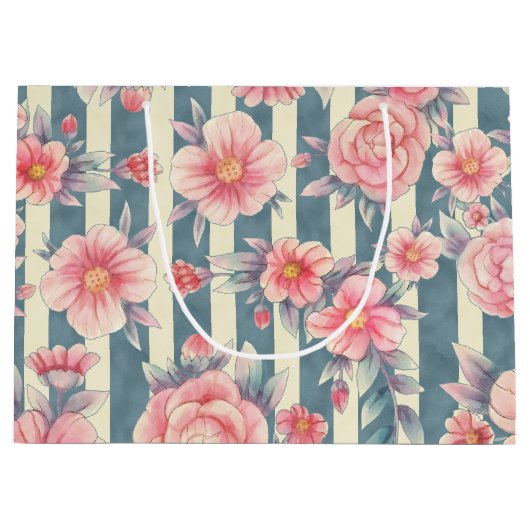 Roze Waterverf bloemen op strepen Groot Cadeauzakje (Voorkant)