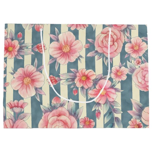 Roze Waterverf bloemen op strepen Groot Cadeauzakje (Achterkant)