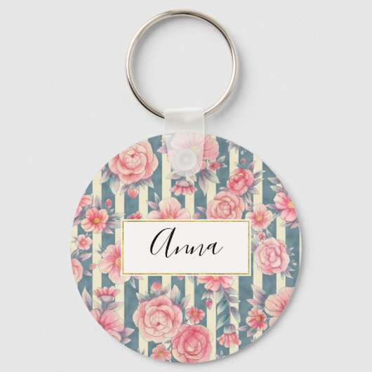 Roze Waterverf bloemen op strepen Sleutelhanger (Voorkant)