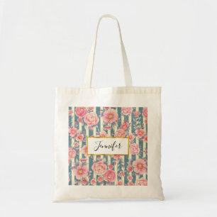 Roze Waterverf bloemen op strepen Tote Bag