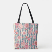 Roze Waterverf bloemen op Stripes Monogram Draagtas (Achterkant)