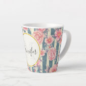 Roze Waterverf bloemen op Stripes Monogram Latte Mok (Rechterhoek)