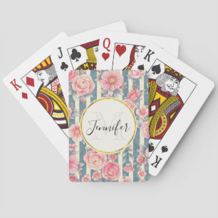 Roze Waterverf bloemen op Stripes Monogram Pokerkaarten