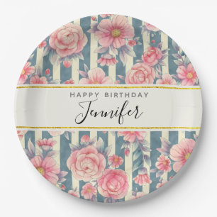 Roze Waterverf bloemen op stripes van afgelopen da Papieren Bordje