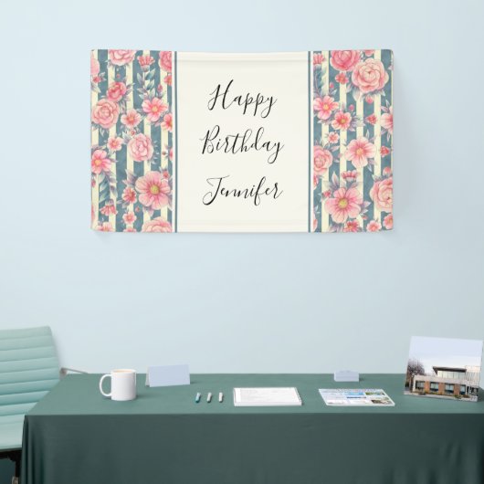 Roze Waterverf bloemen op stripes van afgelopen da Spandoek (Beurs)