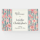 Roze Waterverf bloemen op Stripes Weddenschap Welk Spandoek (Horizontaal)