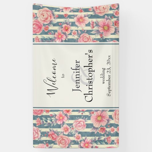 Roze Waterverf bloemen op Stripes Weddenschap Welk Spandoek (Verticaal)