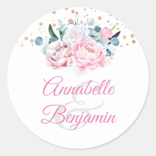 Roze Waterverf Bloemen | Peony Wedding Ronde Sticker (Voorkant)