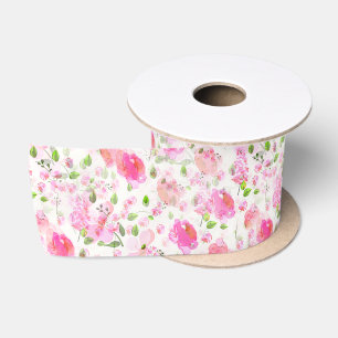 Roze Waterverf Bloemen Tuin Patroon Satijnen Lint