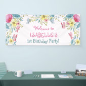 Roze Waterverf Bloemen Verjaardag Spandoek (Beurs)