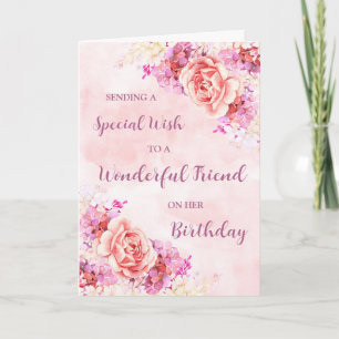 Roze Waterverf Bloemen Vriend Verjaardag Kaart