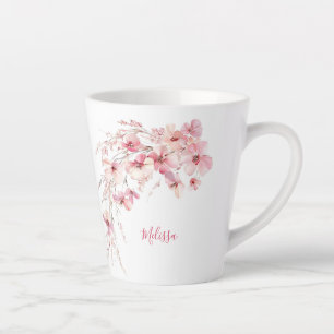 Roze Waterverf Bloemen Wit Monogram Latte Mok