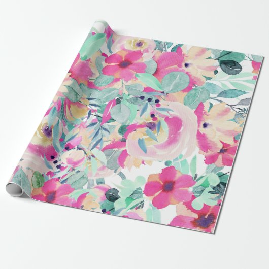 Roze Waterverf Bloemen Wrapping Papier (Uitgerold)