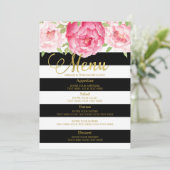Roze Waterverf Bloemen Zwart Strepen Bruiloft Menu (Staand voorkant)