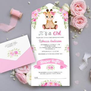 Roze Waterverf Bloemengiraf Baby Shower All In One Uitnodiging