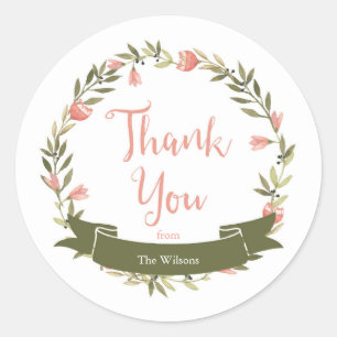 Roze Waterverf bloemenkrans dank u Ronde Sticker
