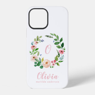 Roze waterverf bloemenkrans monogram iPhone 12 hoesje