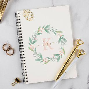 Roze waterverf bloemenkrans monogram notitieboek