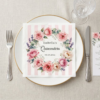 Roze waterverf bloemenkrans Quinceañera Servet