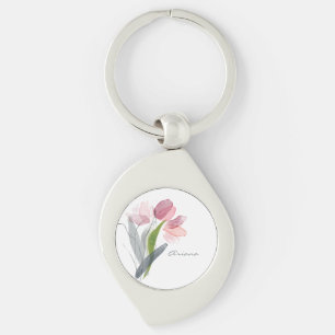 Roze Waterverf Bloemige Tulpen Witte Naam Sleutelhanger