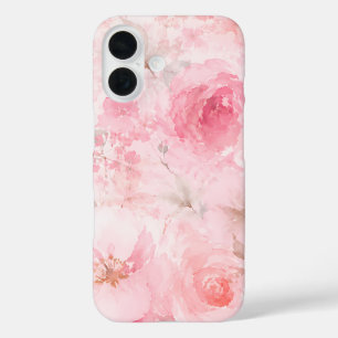 Roze Waterverf Bloemmotief iPhone 16 Hoesje