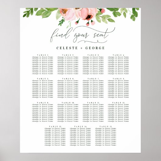 Roze waterverf bloemstuk bruiloft zitplaatsenplan poster (Voorkant)