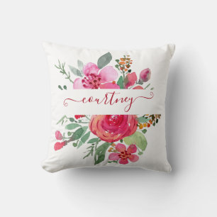 Roze waterverf bloemstuk gepersonaliseerd kussen