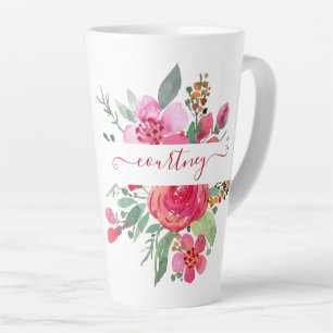 Roze waterverf bloemstuk gepersonaliseerd   latte mok