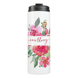 Roze waterverf bloemstuk gepersonaliseerd thermosbeker