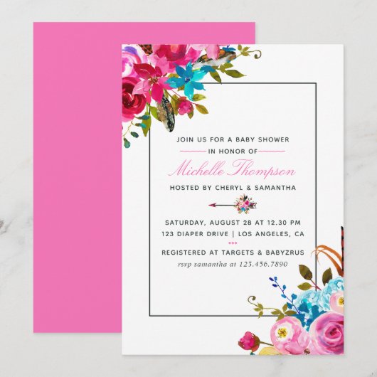 Roze Waterverf Boho Chic Floral Baby shower Kaart (Voorkant / Achterkant)