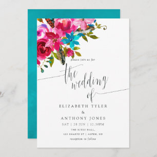 Roze Waterverf Boho Chic Floral Wedding Invite Kaart