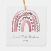 Roze Waterverf Boho Rainbow Eerste Kerstmis Keramisch Ornament (Voorkant)