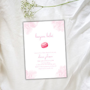 Roze Waterverf Bonjour Bébé Macaron Baby shower Kaart