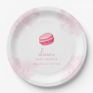 Roze Waterverf Bonjour Bébé Macaron Baby shower Papieren Bordje