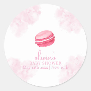 Roze Waterverf Bonjour Bébé Macaron Baby shower Ronde Sticker