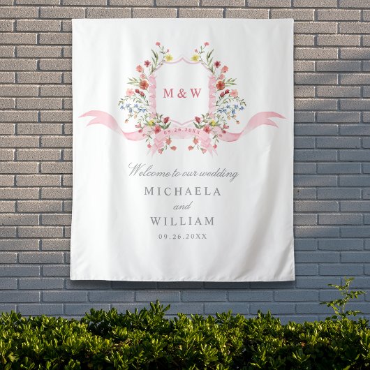 Roze Waterverf Botanische Regency Crest Wedding Wandkleed