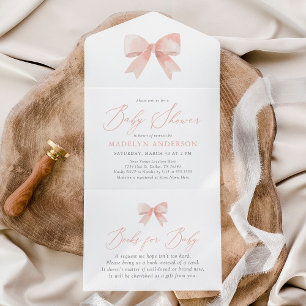 Roze Waterverf Bow Meisje Baby shower All In One Uitnodiging