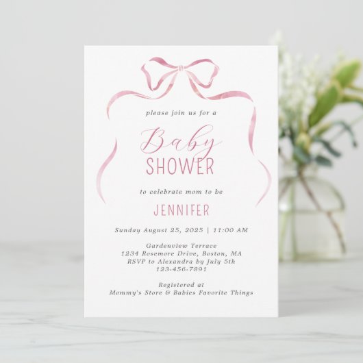 Roze Waterverf Bow Meisje Baby shower Kaart